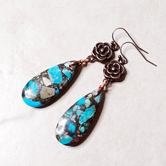 Sea Sediment Jasper & Copper Flower Dangle Earrings - Ultra Feminine + Alluring - Picture 1 of 6